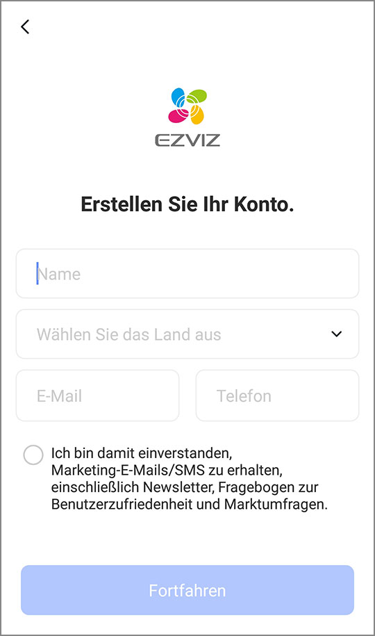 Bild 1: Laden Sie die EZVIZ App aus dem App Store (iOS/Android) herunter und installieren Sie diese. Folgen Sie den Anweisungen nach dem Start der App und erstellen Sie ein Benutzerkonto.