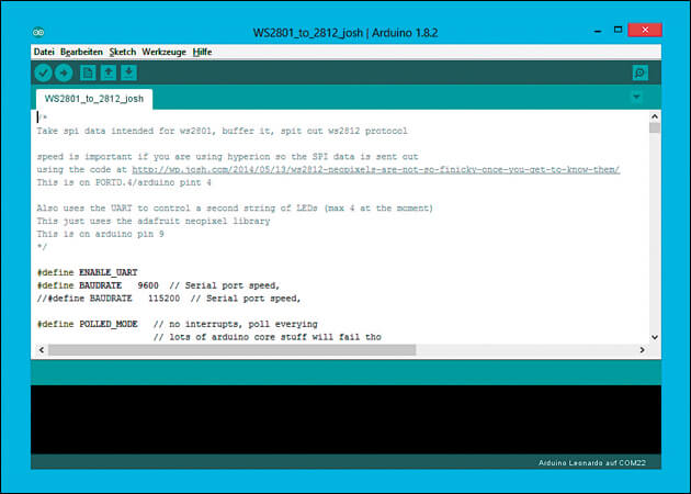 Bild 4 – Arduino: Spielen Sie den Arduino sketch – WS2801 to WS2801 auf den Arduino (zur Dateikommen Sie hier)