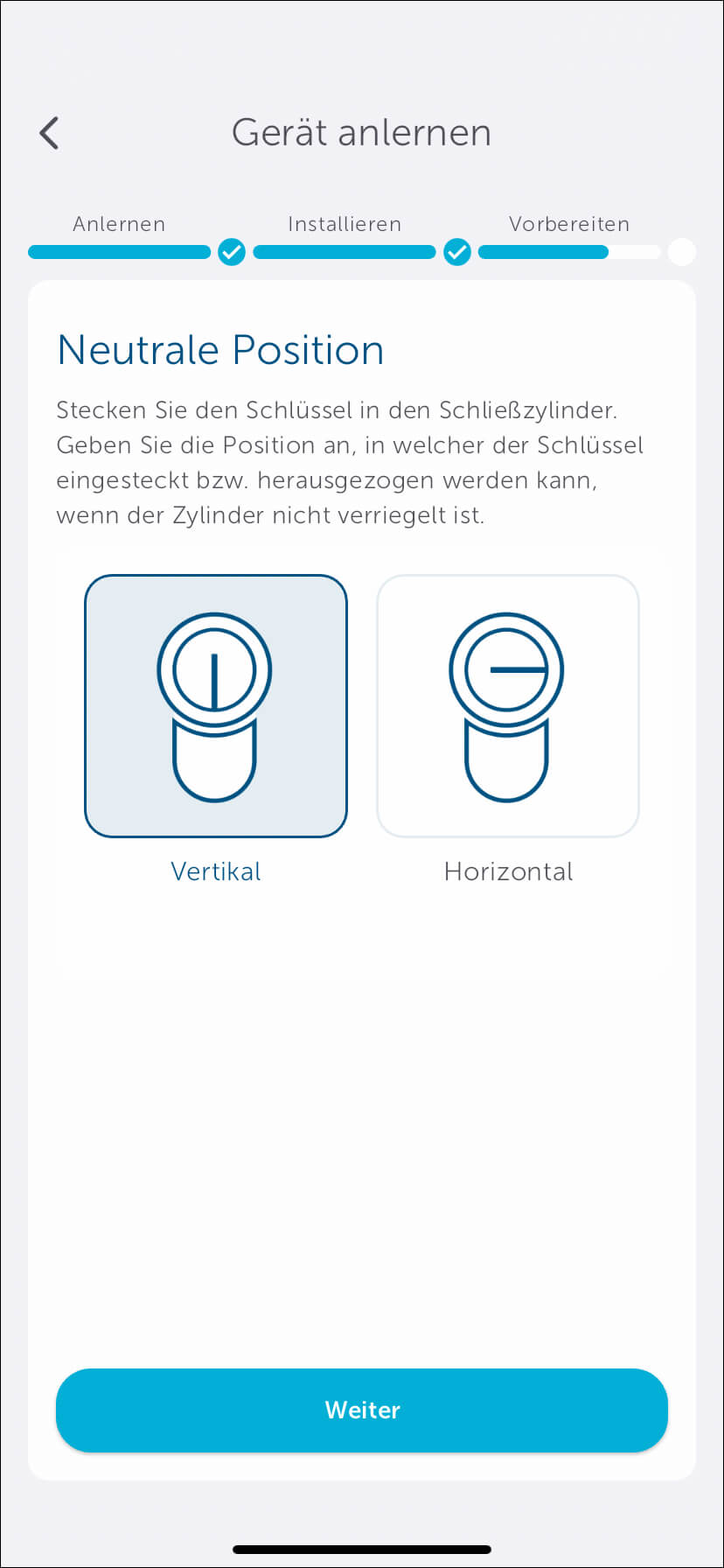 Bild 15: Geben Sie die neutrale Position des Schlüssels an. Das ist die Position, an dem Sie den Schlüssel vom Schloss ziehen können.