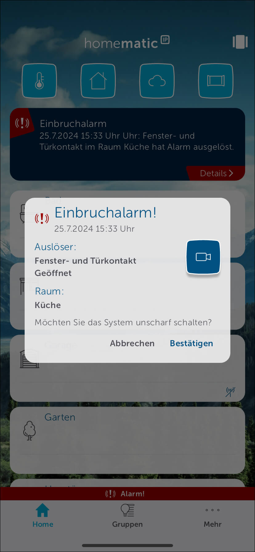 Bild 17: Wenn nun von Ihrem Homematic IP System ein Alarm ausgelöst wird, erhalten Sie im Popup-Fenster durch tippen auf das Kamera-Symbol die Möglichkeit, ohne Umwege in die EZVIZ-App zu gelangen und hier alle zur Verfügung stehenden Funktionen zu nutzen.