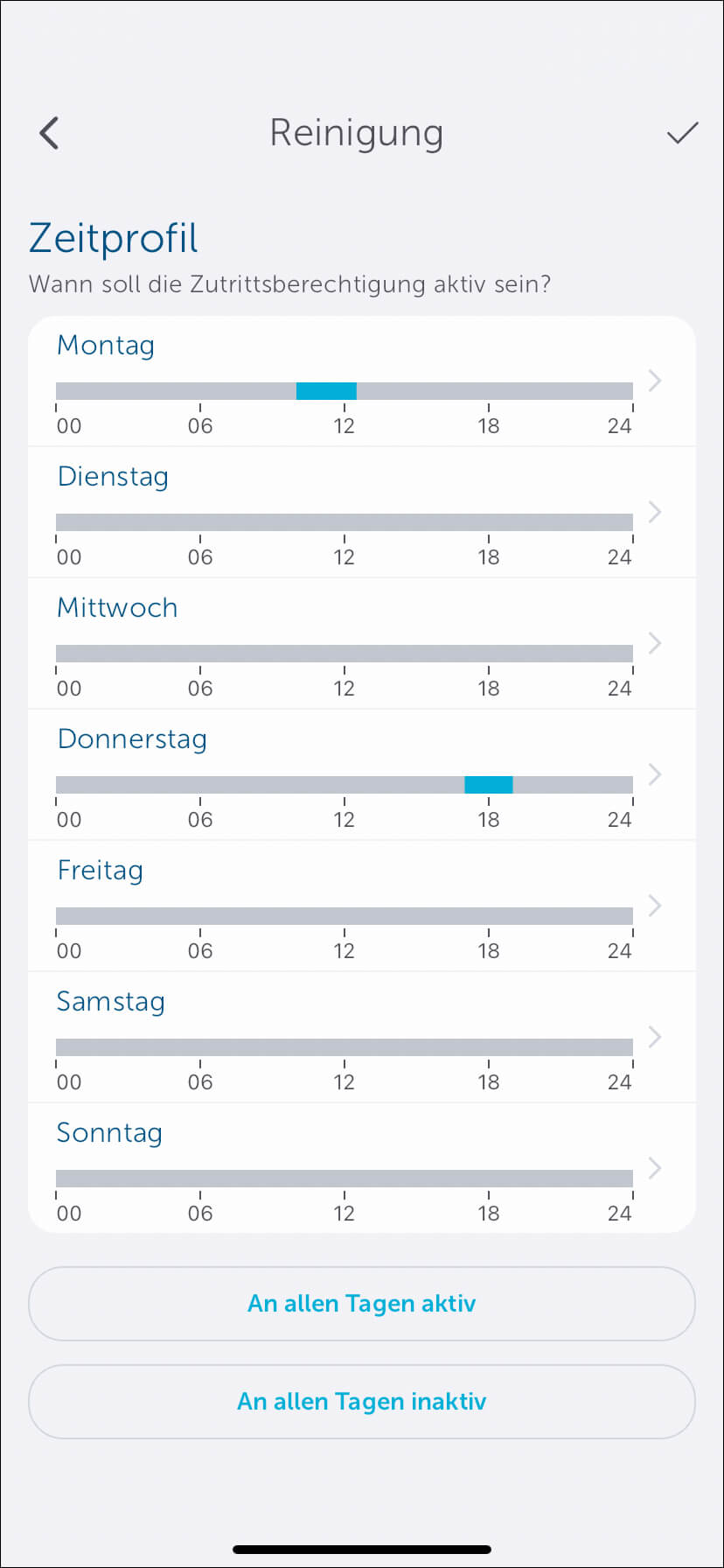 Bild 47: In unserem Beispiel gilt die Zutrittsberechtigung nun für Montagvormittag und für Donnerstagnachmittag. Außerhalb der Zeiten ist ein Zutritt über diesen Code nicht möglich.