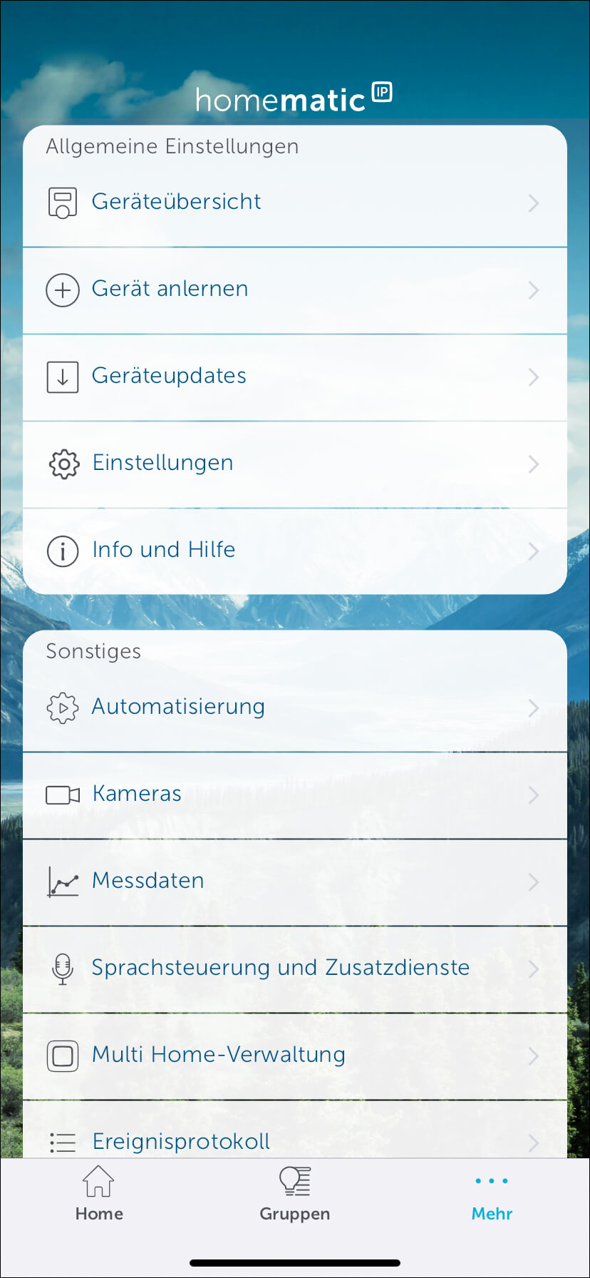 Bild 12: Nach der Installation und der Registrierung der App am Cloud-Server kann über den Homescreen das Hauptmenü erreicht werden.