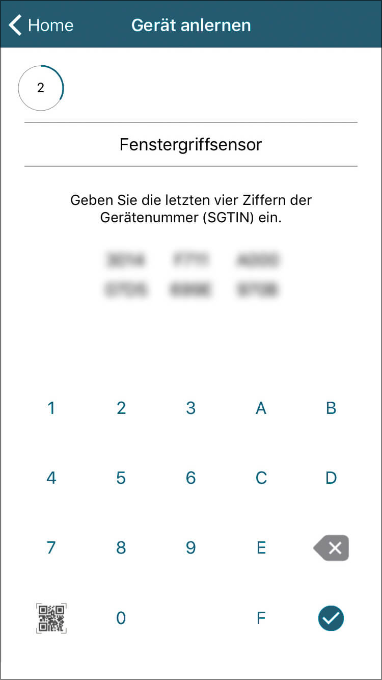 Bild 17: Alternativ kann der QR-Code auch eingescannt werden. Ist die Nummer vollständig und richtig, erscheint das Fertig-Symbol unten rechts in Blau und das eigentliche Anlernen mit der Authentifizierung beginnt.