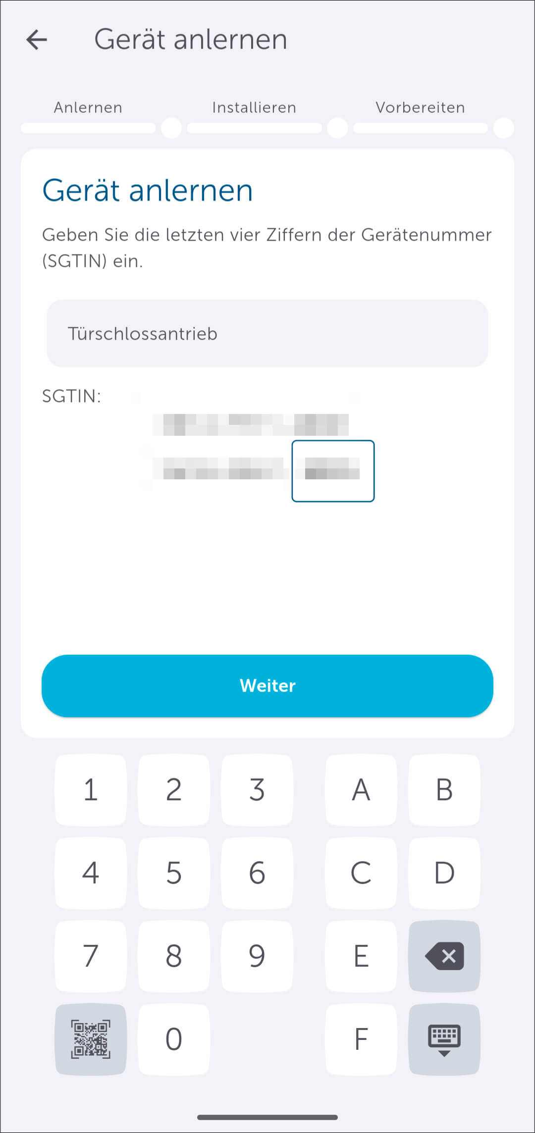 Bild 11: Nachdem das Gerät von der App gefunden wurde, müssen Sie die SGTIN vervollständigen. Diese finden Sie auf dem beiliegenden Aufkleber, im Batteriefach des Türschlossantriebs oder auf der Verpackung.