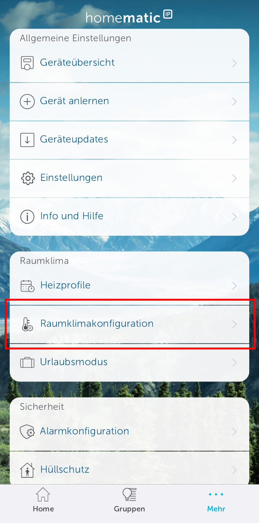 Bild 14: Mit der Kopplung zwischen Wandthermostaten und Schaltaktor, können Sie alternativ auch einen Luftentfeuchter betreiben. Hierfür ist eine kleine Änderung erforderlich. Wählen Sie den Punkt „Mehr“ > „Raumklimakonfiguration“.